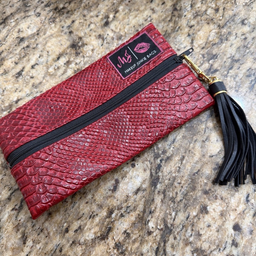 Makeup Junkie Mini Tassel Bag Bubble Gator Red Vegan Leather 7.75" X 4.25"